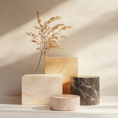 White stone pillar is placed on a round pedestal in front of a curved archway