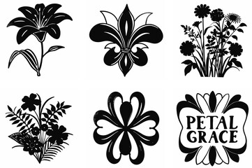 Flower Set of Black Blossom Icons Silhouette Design on White Background