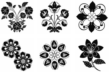 Flower Set of Black Blossom Icons Silhouette Design on White Background
