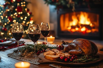 Festive dinner setting with turkey, wine, and holiday decorations near a cozy fireplace