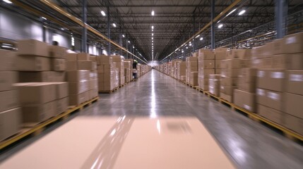 Fototapeta premium Motion Blur Warehouse Interior Cardboard Boxes on Pallets, Logistics, Distribution Center Logistics, Warehouse