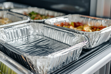 Disposable aluminum food container trays with lids or foil storing leftovers in a fridge, ensuring freshness and organized food storage for meal prep and preservation.

