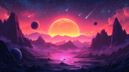 Naklejka premium A vibrant cosmic landscape featuring a large sun, planets, and mountains.