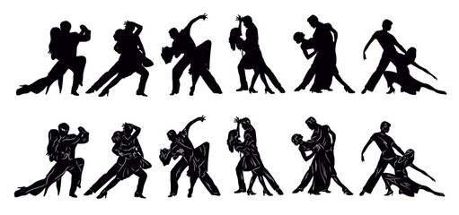 Paired dancing silhouettes of people, dancers man and woman, girl and guy. Vector illustration of dance. Tango. Waltz.