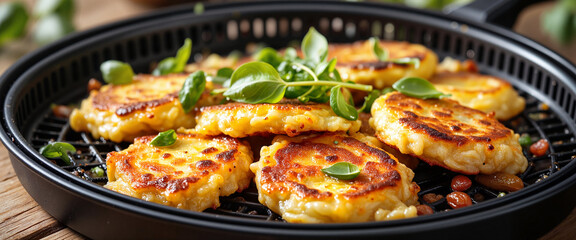 Fototapeta premium Golden cheese pancakes garnished with fresh herbs in rustic kitchen, deliciousness