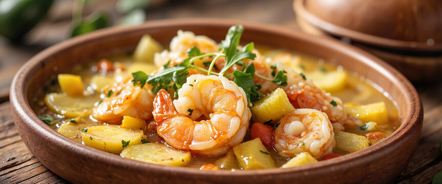 Creamy chupe de camarones with shrimp and vegetables in rustic bowl, culinary delight