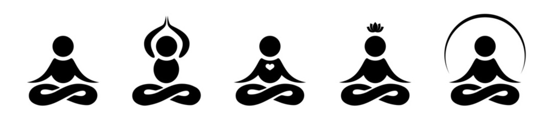 Meditation icon set in flat style. Yogi with a heart, an energy or a lotus symbol in black. Related to healthy living, yoga, meditation, relaxation Vector illustration for graphic design, web, app, ui