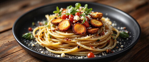 Hearty spaghetti topped with roasted vegetables on rustic table, culinary delight