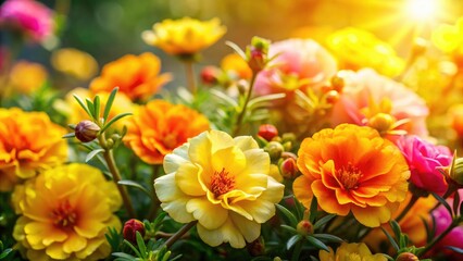 A breathtaking landscape captures a moss rose garden awash in vibrant yellow, orange, and pink.