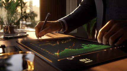 Professional Business Person Analyzing Market Data on Digital Tablet with Financial Graph and Chart Visualizations in Modern Office Setting with Natural Light