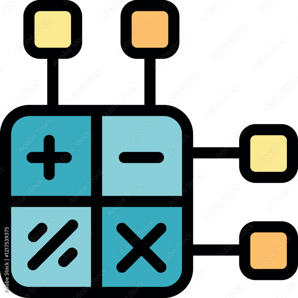 Poster calculator is processing data, connecting to external nodes, symbolizing complex calculations and da