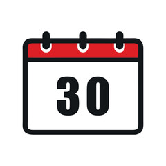 Simple calendar icon with 30 date isolated on white background