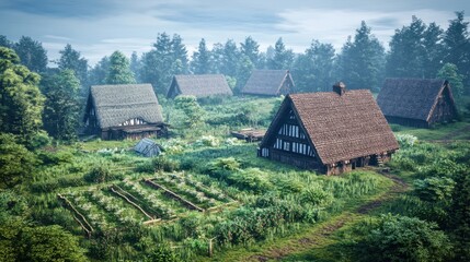 Obraz premium Medieval Village nestled within a verdant forest landscape