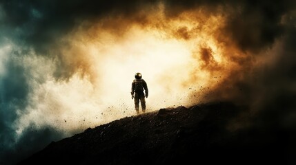 Fototapeta premium Astronaut standing on a desolate alien planet