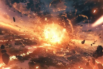 Fiery Cosmic Explosion Debris Streaking Across Sunset Sky