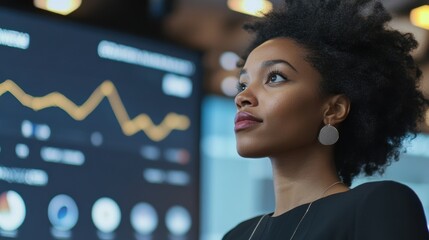 A focused participant listening intently during a leadership seminar with a visual representation of growth and success on the screen behind them showcasing graphs and inspirational