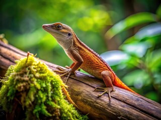 Fototapeta premium A brown anole lizard, viewed from above, basks on a log; stunning wildlife photography.