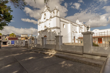 Beautiful view of the Diocese of San Francisco de Asis, in the city of Jutiapa, Guatemala. Warm colors of the urban landscape during sunset.
