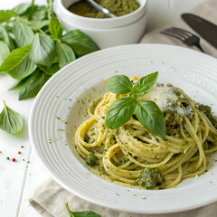 Pasta with pesto and basil garnish