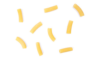 image of rigatoni pasta on a white background.