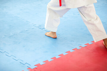 Detalhe de um tatame azul e vermelho com um karateca descal&ccedil;o em postura t&eacute;cnica, usando karategi e faixa vermelha. A cena destaca equil&iacute;brio, foco e conex&atilde;o entre atleta e esporte