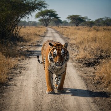 Tiger on The Road at Kanha National Park A close-up of a tiger on safari at Tadoba National Park in Tadoba Andhari Tiger Reserve in Chandrapur, Maharashtra, IndiaTiger in the wild
