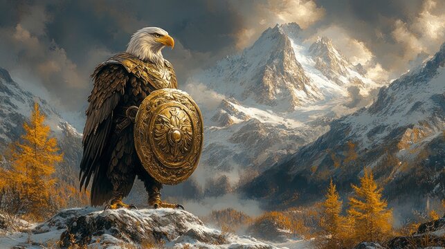 Majestic eagle warrior stands guard on snowy mountain peak, holding a shield.