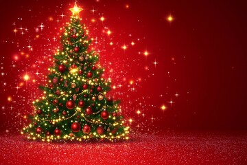 Christmas tree adorned with lights and ornaments in festive red background for holiday celebration