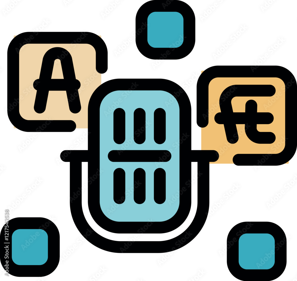 Poster microphone is converting audio into different languages and currency symbols, representing global co