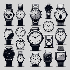 Set of clocks, different clocks, doodle arrows, watch icons. Wristwatch icons isolated on white background, black and white hand-drawn wristwatches. Time icons. Clock, alarm clock, hourglass, timer. 