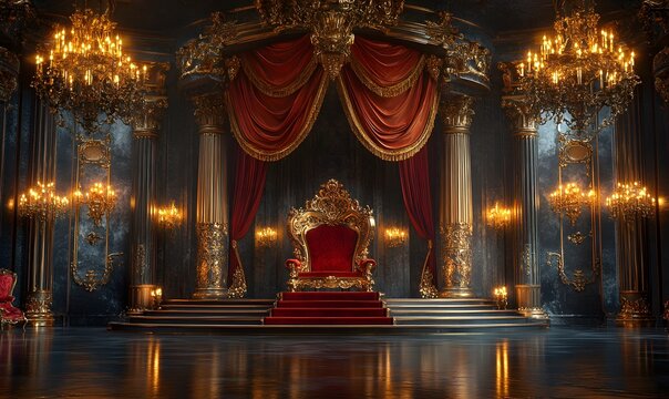 Opulent Throne Room with Golden Accents and Red Velvet, fit for royalty and a fantasy setting
