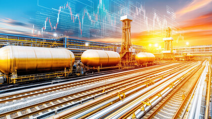 Futuristic oil refinery with digital data overlay at sunset