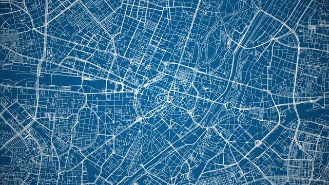Ink reveal animation of Munich city, Bavaria, Germany, grid map. Aerial top view. Blueprint style. White lines with blue background. 4K Seamless loop.