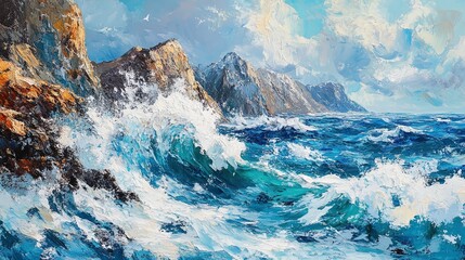 Waves crashing against rocky cliffs, powerful and energizing seascape 