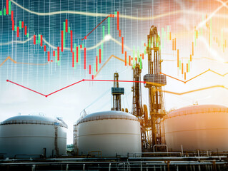 Industrial oil refinery with overlay of financial stock market data