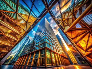 Fototapeta premium Abstract building designs and geometric forms define this urban exploration, showcasing a modern cityscape's unique perspective.