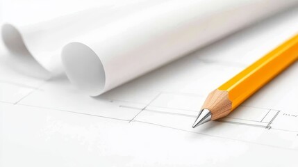 Precise pencil and paper resting on detailed blueprint, architectural design construction project visualization