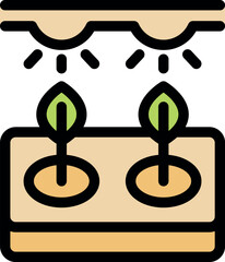 Seedlings growing in pots under a grow lamp, representing indoor gardening and plant growth technology