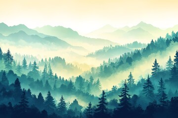 Obraz premium Majestic mountain landscape with layered trees and mist at sunrise in a tranquil forest setting