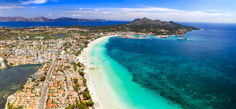 Mallorca Alcudia Beach High Resolution Drone Panorama Pollenca Bay Aerial View of White Sand and Turquoise Sea Northern Majorca Balearic Islands Spain Tropical Coastline Travel Destination Wide View