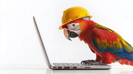 A colorful parrot wearing a yellow hard hat types on a laptop, blending humor with a construction theme.