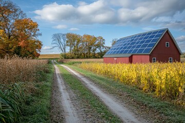 Solar panels on a red barn surrounded by autumn cornfields on a sunny day