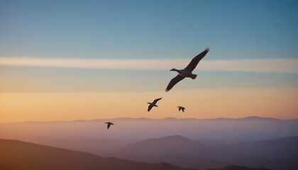 Naklejka premium Silhouetted birds with serene mood, flying over hazy mountains at sunset