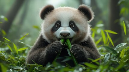 Obraz premium Adorable Baby Panda Cub Eating Bamboo in Lush Green Habitat