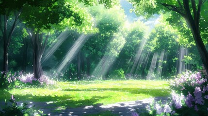 Obraz premium Sunlit Forest Glade With Lush Green Trees and Flowers