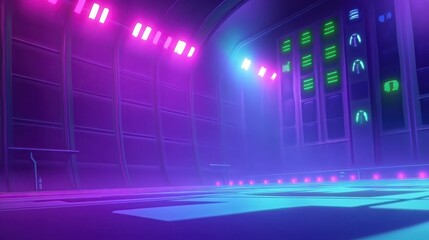 Futuristic Neon Lit Corridor With Data Displays