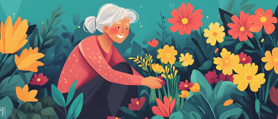 Elderly woman planting vibrant flowers in her garden, radiating joy and active aging  -