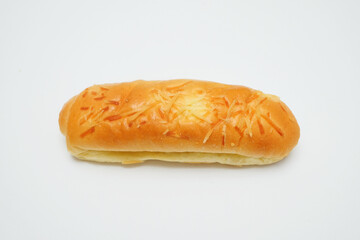 Close up of cheese banana bread isolated on white background.Food industry concept.Oval shaped bread with soft texture.For graphic design.Copy space for text