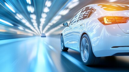 Car driving through illuminated tunnel, a journey of exploration and adventure on the open road