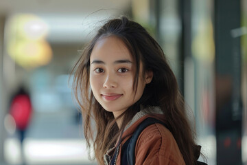 Fototapeta premium Portrait of a young student in college, generative ai